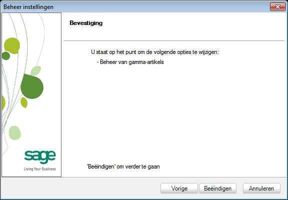 Gamma-artikels De gamma-artikels activeren Algemene configuratie Instellingen Opties Commercieel beheer Opties 6. De knop gaat over naar het volgende scherm in de assistent.