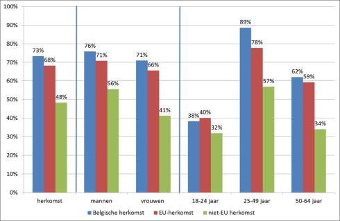 naar herkomst, leeftijd en geslacht in Mechelen (2014) Werkzaamheidsgraad voor heel Mechelen = 67% Bron: