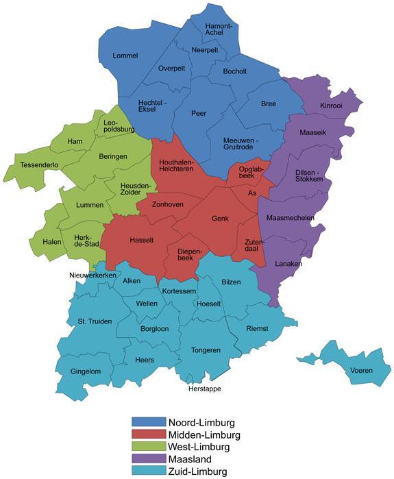 GEOGRAFISCHE SITUERING MAASLAND EN HAAR GEMEENTEN Figuur 1 laat de verdeling van de 44 Limburgse