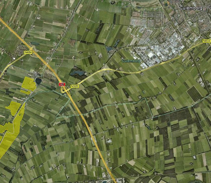 Figuur 4: Globale ligging van de N320 nabij Natura 2000-gebied Lingegebied & Diefdijk-Zuid (geel) (bron: www.rijksoverheid.nl en Google Earth).