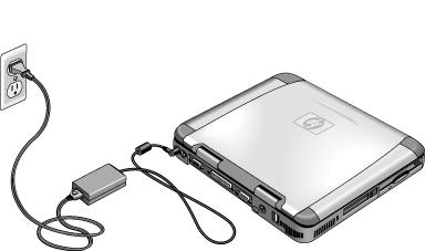 Introductie van de computer De computer installeren Op het lichtnet aansluiten Sluit de netstroomadapter aan en verbind vervolgens de netstroomadapter met de achterkant van de computer.