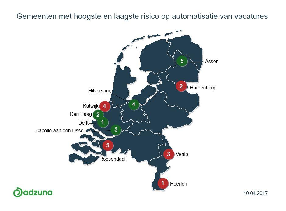 1. Top 10: gemeenten met grootste aandeel vacatures met hoge kans op automatisatie # Gemeente % Risico vacatures Evolutie '16 - '17 1 Heerlen 20,0% 9,8% 2 Hardenberg 14,8%