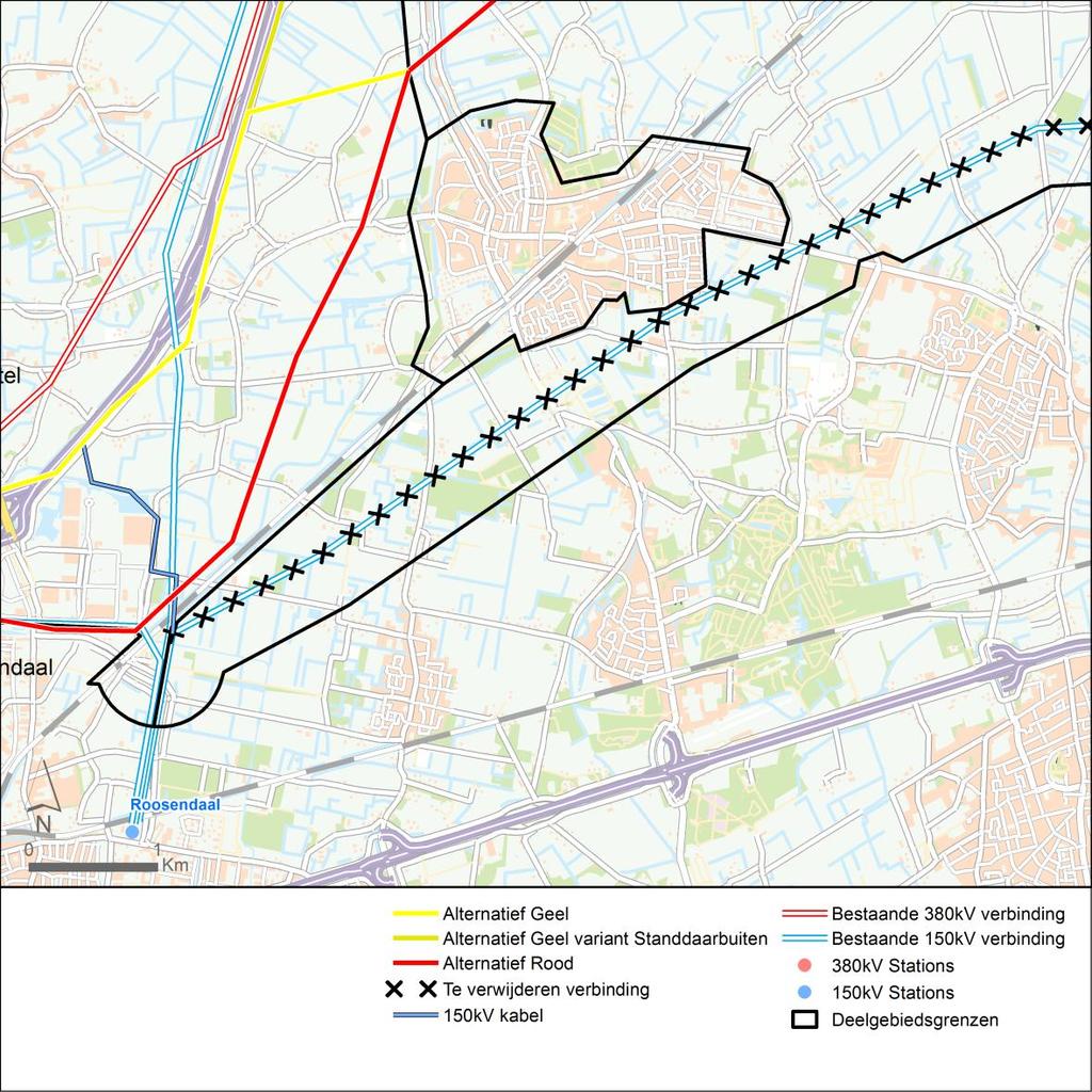 PAGINA 28 van 61 Afbeelding 12 weergave verwijdering bestaande 150 kv-verbinding tussen Roosendaal en Breda voor Geel, Geel variant Standdaarbuiten en Rood.