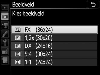 Markeer Beeldveld in het fotoopnamemenu en druk op 2. 2 Selecteer Kies beeldveld. Markeer Kies beeldveld en druk op 2.