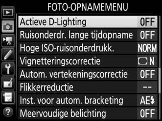 Om Actieve D-Lighting te gebruiken: 1 Selecteer Actieve D-Lighting. Markeer Actieve D-Lighting in het fotoopnamemenu en druk op 2. 2 Kies een optie. Markeer de gewenste optie en druk op J.