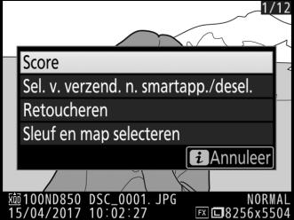 Foto s een score geven Geef foto s een score of markeer ze voor later wissen. Scores kunnen ook worden bekeken in ViewNX-i en Capture NX-D. Score is niet beschikbaar voor beveiligde beelden.