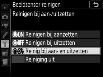 Reinigen bij aan-/uitzetten Kies uit de volgende opties: 5 6 7 Optie Reinigen bij aanzetten Reinigen bij uitzetten Reinig bij aan- en uitzetten Reiniging uit Beschrijving De beeldsensor wordt