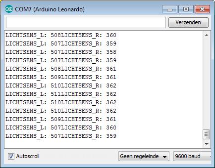 LICHT_RECHTS Vervolgens worden deze waarden getoond op het computerscherm met het Serial Monitor programma dat in Ardublock is ingebouwd.