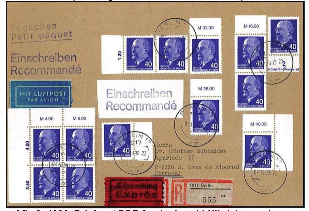 Afb. 9: 1990. Brief met DDR frankering, 14 Ulbricht zegels van 2.10.1990. overgangstermijn, tijdens welke de oude postzegels in de DDR valuta 1 tegen 1 in DMark valuta opgebruikt mochten wor-den.