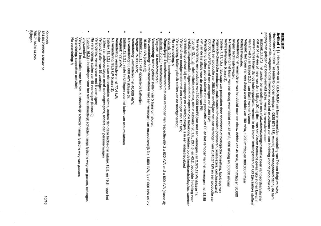 BESLUIT Artikel 1 1. Hierbij wordt AKTE GENOMEN van bovenvermelde mededeling van Trinseo Belgium bvba, Havenlaan 7 te 3980 Tessenderlo (ondernemingsnr.