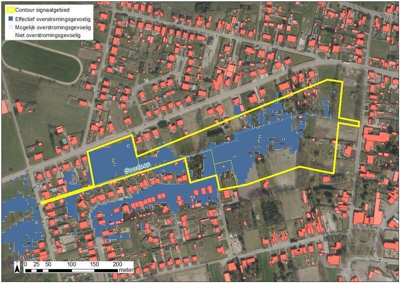 Figuur: watertoetskaart van het signaalgebied op recente orthofoto (medio 2015) met aanduiding van de overstromingsgevoelige