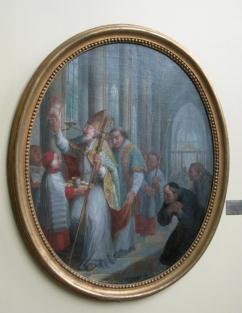 Voorbeeld fysieke beschrijving olieverf op doek, ingelijst ovaal schilderij inhoudelijke beschrijving bisschop, priesters,