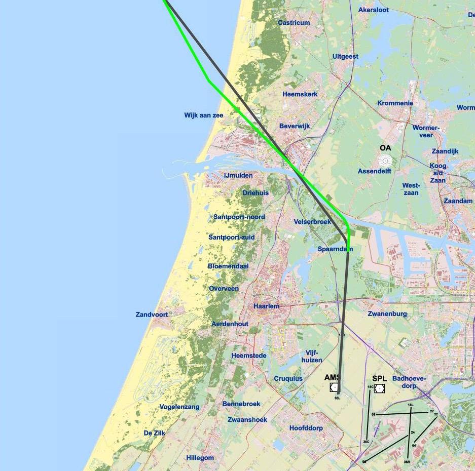 Polderbaan langer rechtdoor te vliegen alvorens naar het westen wordt afgebogen. Bij Beverwijk wordt de route iets naar het zuidwesten verlegd.