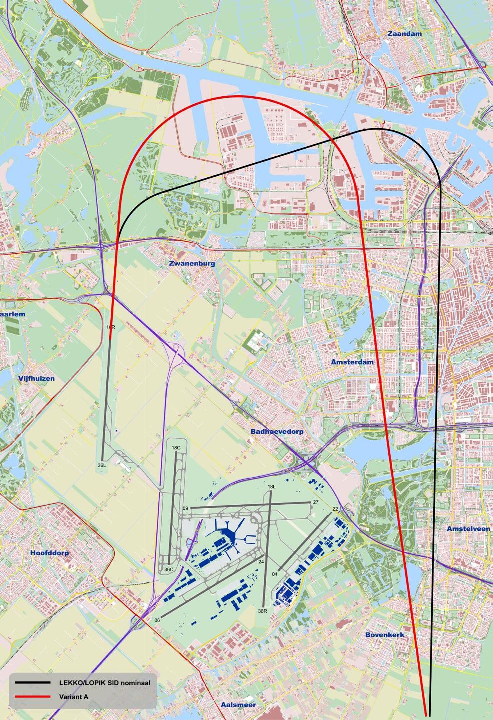 Figuur 6: Schets van de oude (zwart) en nieuwe (groen) GORLO route voor 36L Maatregel e Uitvliegroutes ter