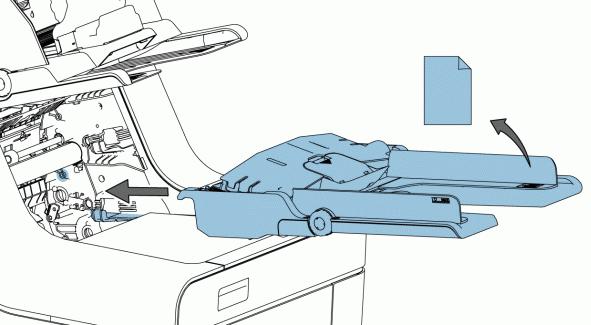 4. Schuif de optionele (bijlagen) feeder (herkenbaar aan het bijlagesymbool) in de sleuf voor de onderste feeder.