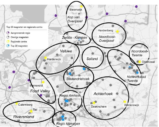 Binnen Arnhem en Nijmegen is het aandeel OV het grootst. In de landelijke gebieden zeer laag. Bij relatief veel magneten blijft het OV gebruik achter bij de potentie.