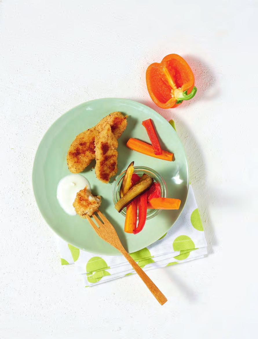 Hapje om zelf te maken Vissticks met groentefriet ± 10 minivissticks 25 minuten 1 kleine wortel ½ paprika ¼ aubergine 400 g kabeljauw 1 biologisch ei bloem paneermeel (eventueel zelfgemaakt van