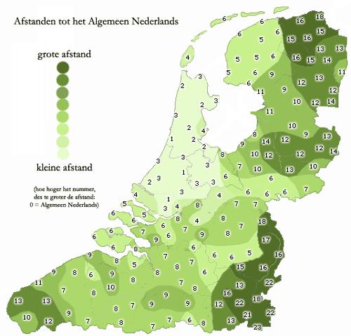 Figuur 2 Berekende afstand van 156 verschillende dialecten tot het Algemeen Nederlands. De donkere gebieden hebben de meest van het Nederlands afwijkende streektaal.