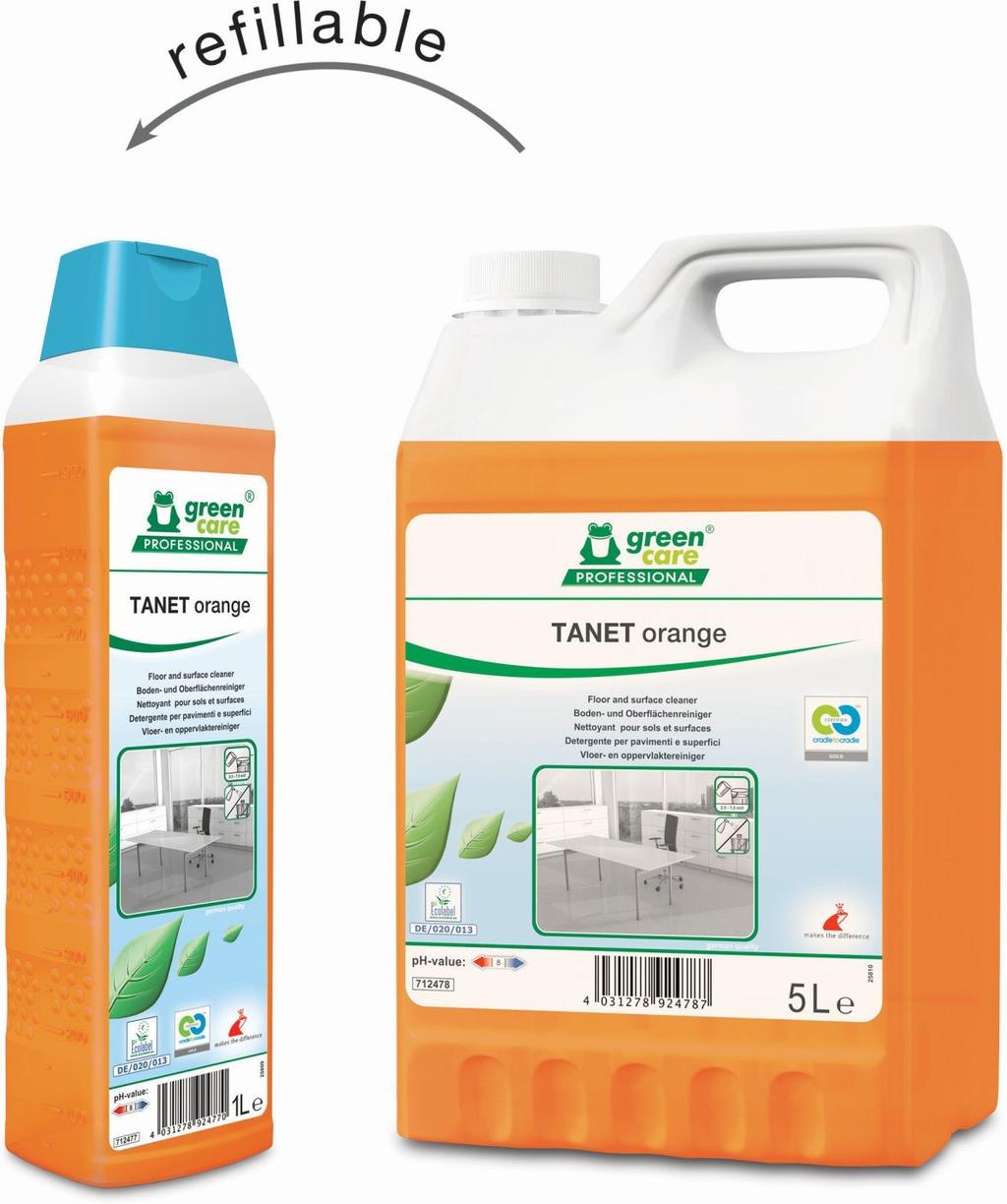 Kies uit S, M, L of XL Ons advies Reinigingsmiddel TANET ORANGE, vloer- en oppervlakkenreiniger Uitzonderlijke milieu-eigenschappen en een aangename sinaasappelgeur.