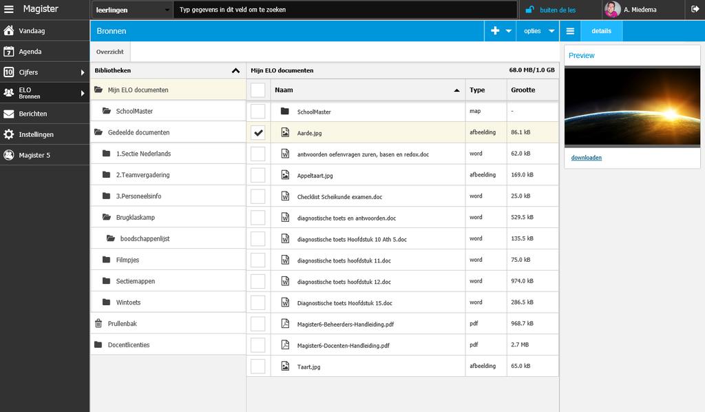 9. ELO Bronnen In dit onderdeel kan de docent rechtstreeks vanuit Magister 6 het digitaal materiaal voor docenten openen. Het digitaal materiaal wordt in een nieuwe tab geopend. 9.