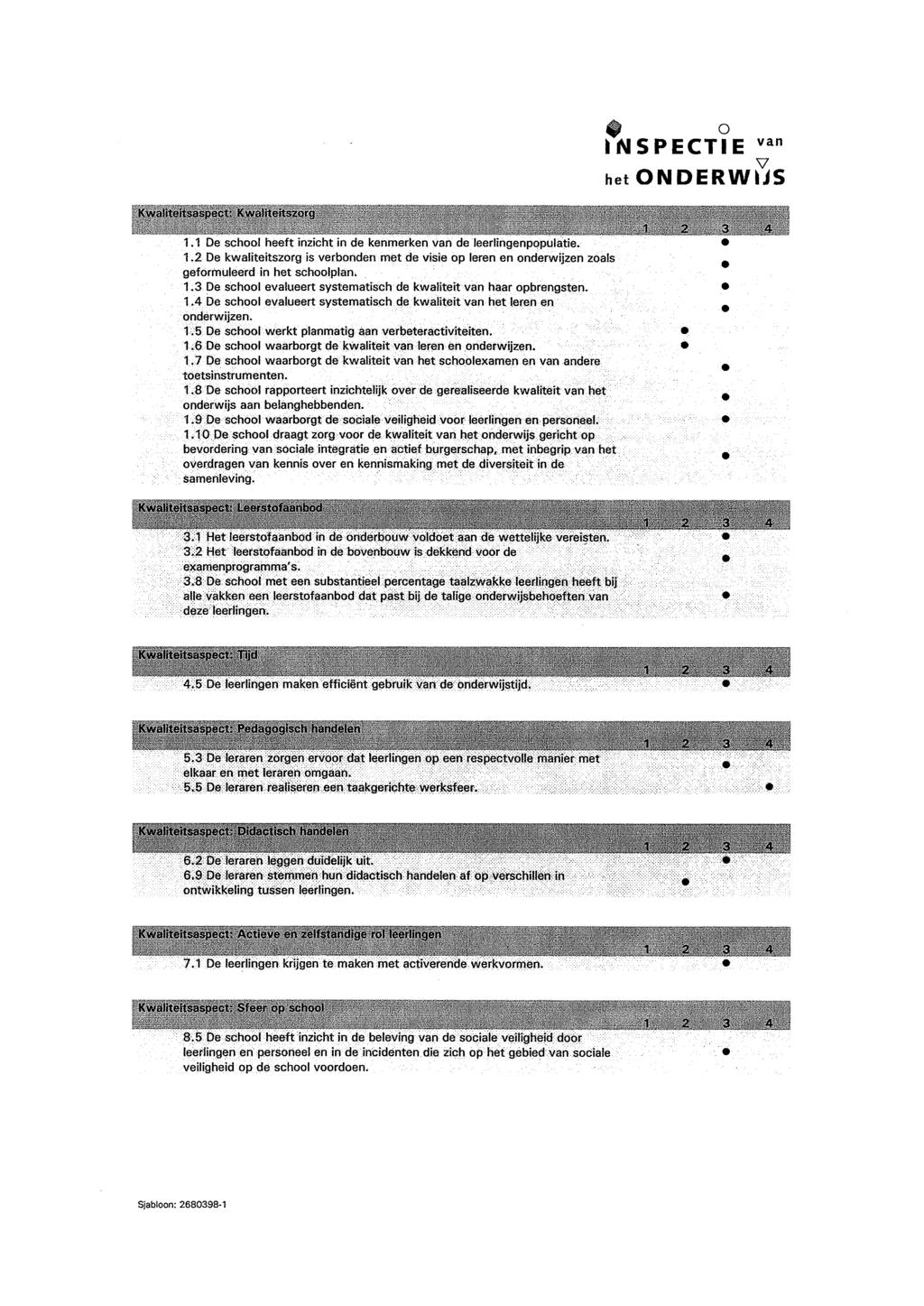 Kwaliteitsaspect Kwaliteitszorg 1.1 De school heeft inzicht in de kenmerken de leerlingenpopulatie. 1.2 De kwaliteitszorg is verbonden met de visie op leren en onderwijzen zoals geformuleerd in het schoolplan.