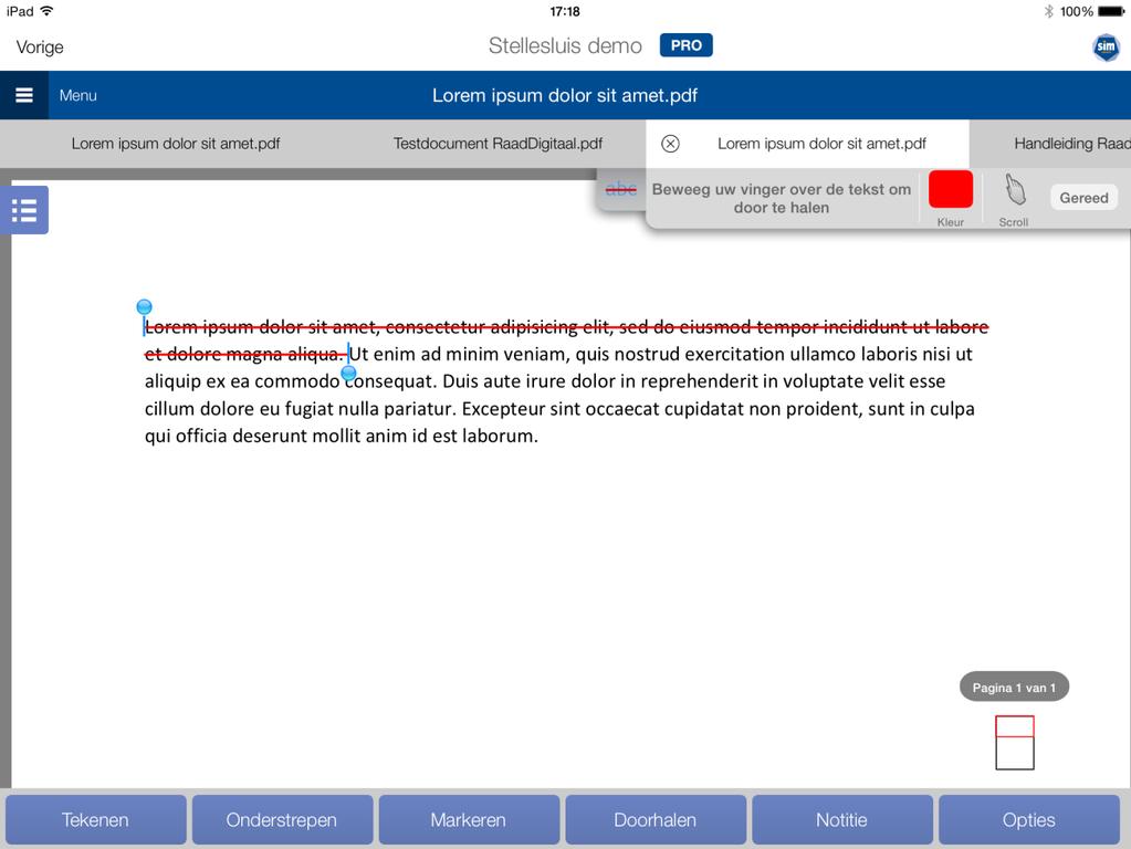 5.5. Doorhalen Met Doorhalen kunnen stukken tekst worden doorgestreept. U selecteert de gewenste functionaliteit onderin het scherm.