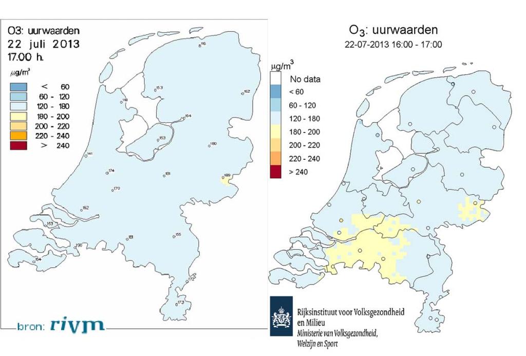 RIVM Rapport 687424 Figuur 28 Interpolatie van ozonconcentraties volgens de oude methode met INTERPOL (links) en met RIO Nederland (rechts).