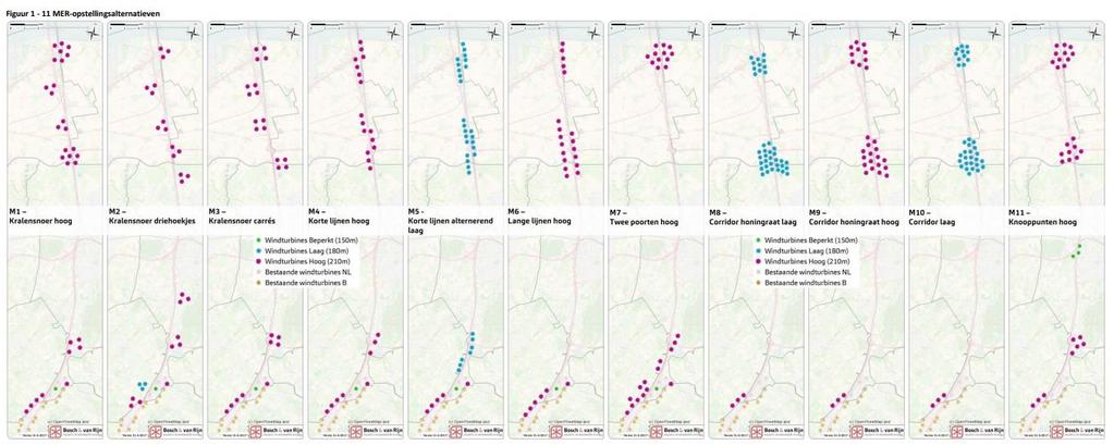 Bijlage A Opstellingsvarianten van de windturbines langs de A16/HSL-Zuid M1 M2 M3 M4 M5 M6 M7 M8 M9 M10 M11 M1: Kralensnoer hoog; M2: Kralensnoer driehoeken (hoog); M3: Kralensnoer carrés (hoog); M4: