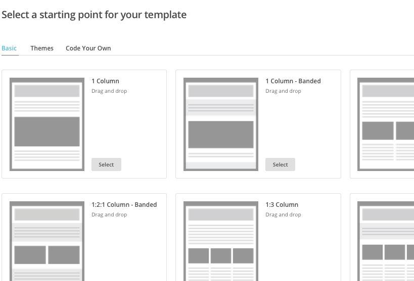 3. Campaigns 3.4 Design In de stap Design kies je eerst een template uit. Hier zijn vier verschillende mogelijkheden voor.