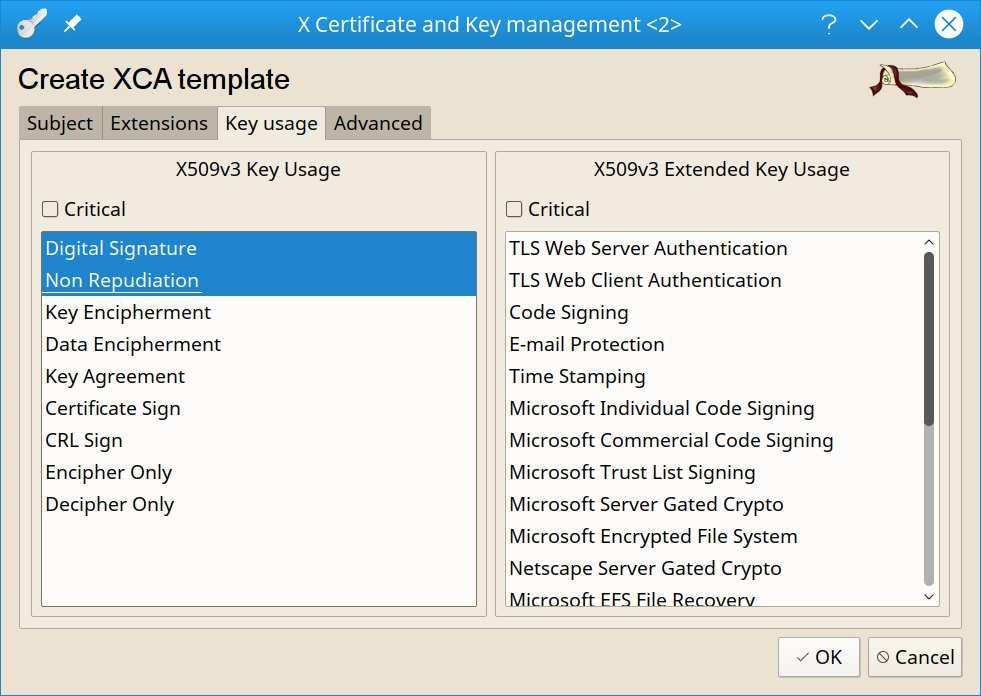 On the Key Usage tab, select Digital Signature and Non Repudiation Then click OK Generate a self-signed certificate for use