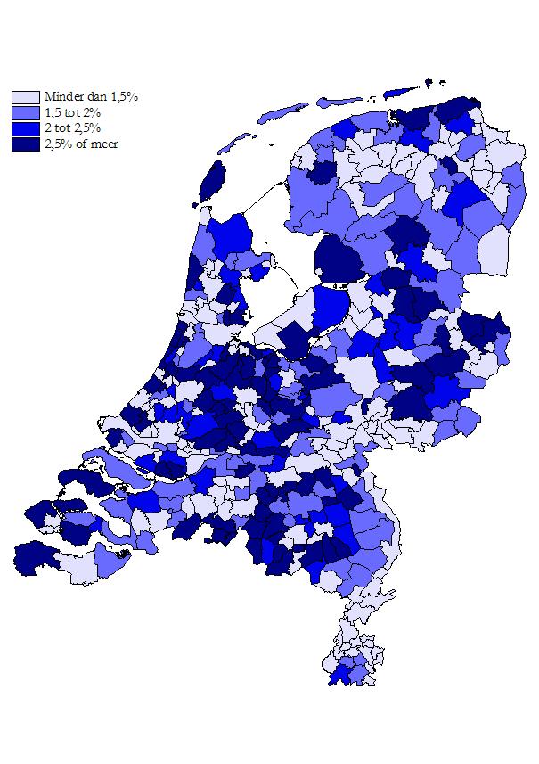 5. Percentage miljonairs per gemeente (gemeentelijke indeling 2017), 1 januari 2015 * Bron: CBS, Vermogensstatistiek / SSB De COROP-gebieden Het Gooi en Vechtstreek en de Agglomeratie Haarlem, waar