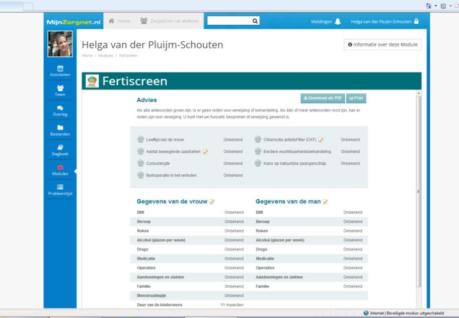uitslagen leeg laten) d) Hierna ziet u het scherm met de uitslag van FertiScreen.* Bekijk deze uitslag en lees als u wil de uitleg over de uitslag (ook te vinden op de website www.fertiscreen.nl).