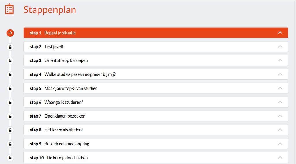 Opbouw van het programma De leerling volgt een persoonlijk stappenplan dat is samengesteld door de decaan en maakt daarin een aantal