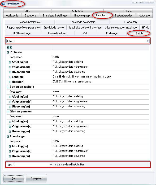 Men kan profielen, beslag, rubbers, glas, panelen en/of afwerkingen uitsluiten op basis van afdeling(en), volgnummer(s), uitvoeringen), lengtes en zaaghoeken.