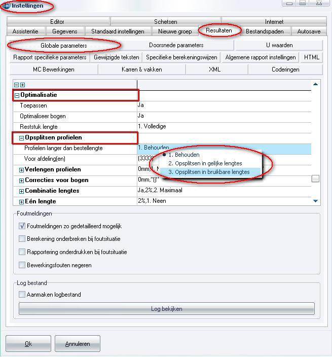 Bij Bewerken Instellingen Resultaten Globale parameters rubriek Optimalisatie werd de instelling Opsplitsen profielen eveneens voorzien van de extra mogelijkheid Opsplitsen in bruikbare lengtes : Dit