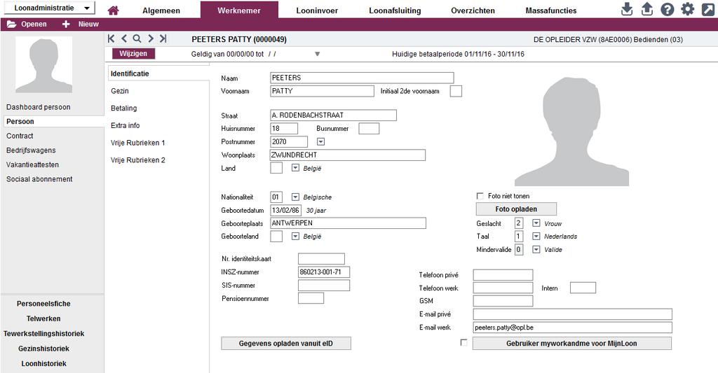 2.08. PERSOON CONTRACT - EID-GEGEVENS OPLADEN/ACTUALISEREN Gegevens eid opladen Wenst u de persoonlijke gegevens van een bestaande werknemer te