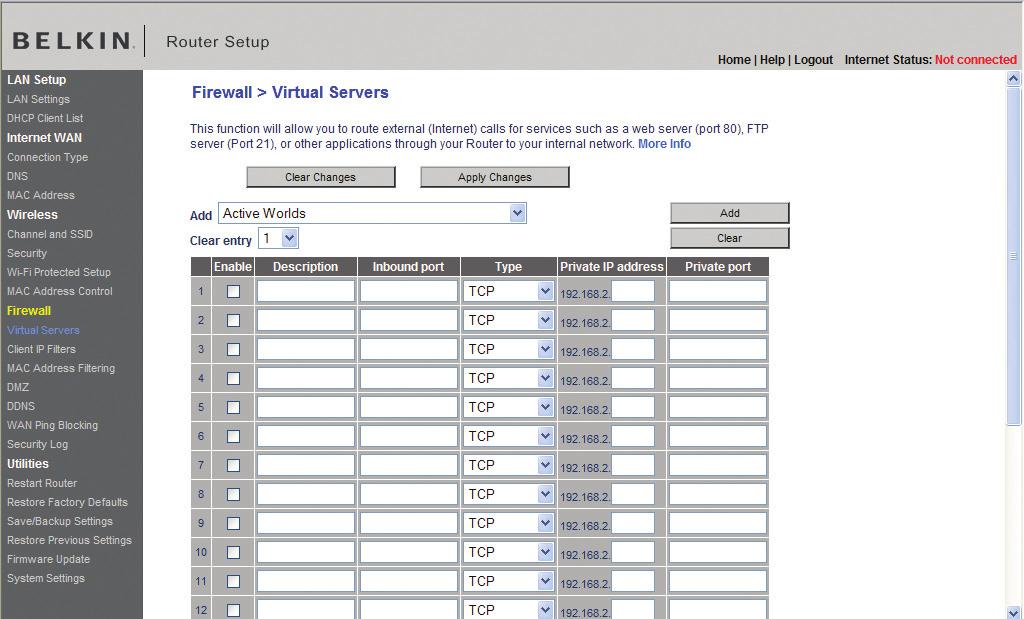 Gebruik maken van de geavanceerde webinterface Interne forwarding-instellingen configureren De functie Virtuele Servers biedt u de mogelijkheid externe (Internet) verbindingen voor diensten zoals een