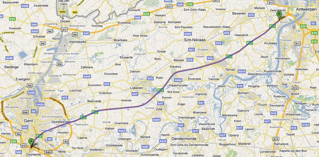 TRANSPORT & MOBILITY LEUVEN 59 A.5 Traject Gent Antwerpen A.5. Overzicht van het traject Het traject bestaat uit volgende onderdelen autosnelwegen (de geschatte afstand is ongeveer 49 km): E7/A4 (Zwijnaarde tot en met Burcht).