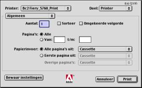 4. Afdrukken selecteren uit het menu Bestand van de applicatie. Controleren of de DocuColor 2006 wordt vermeld als de printer. Instellingen specificeren voor de weergegeven afdrukopties.