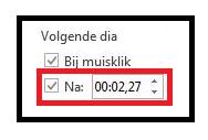 Klik op het tabblad Overgangen. c. In de Tijdsinstellingen groep, onder Volgende Dia, vink de Na: instelling aan en voer de gewenste tijdsduur in die je wilt dat de dia wordt weergegeven.