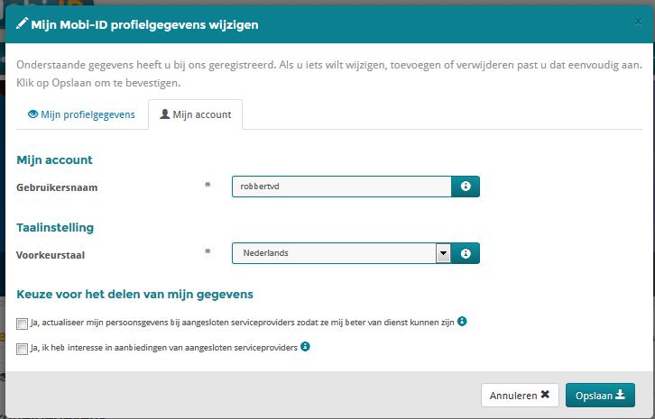 Mijn account Hier kunt u o.a. uw Mobi-ID gebruikersnaam aanpassen. Deze moet uniek zijn (bijv. jan of robbert zullen al bestaan, met een extra toevoeging niet).