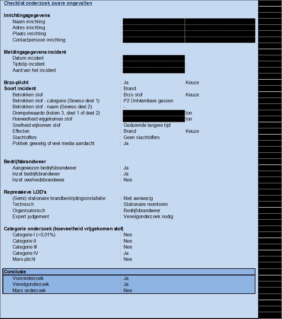 Criteria wanneer onderzoek (Einddoel 1) Invullen Checklist onderzoek zware ongevallen (Excel) leidt tot categorie van onderzoek.