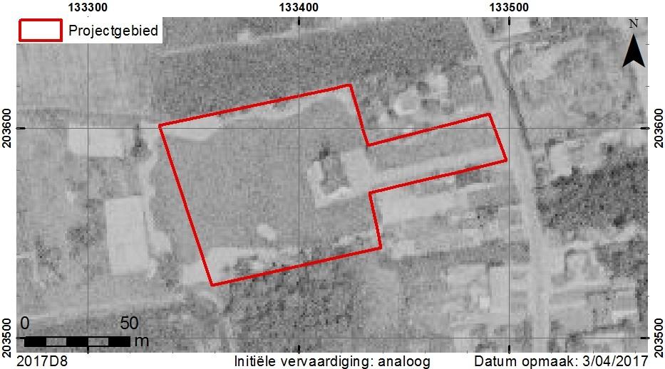 Fig. 18. Situering op een luchtfoto uit 1971 (AGIV WMS). 2.2.3. Archeologisch kader In de onmiddellijke omgeving van het projectgebied wordt de aanwezigheid van twee archeologische sites weergegeven.