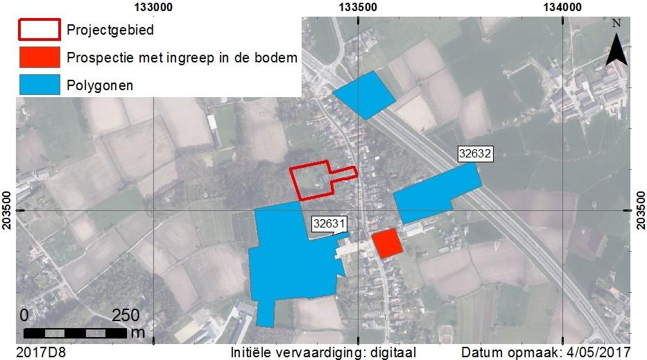 Fig. 19. Situering op de CAI (GDI-Vlaanderen 2017b). Daarnaast werd op de percelen ten zuiden van het projectgebied (32631) in 1941 een neolithische gepolijste bijl in silex gevonden. Fig. 20. Gepolijste bijl, gevonden bij ontzavelingswerken (Erfpunt; SteM).