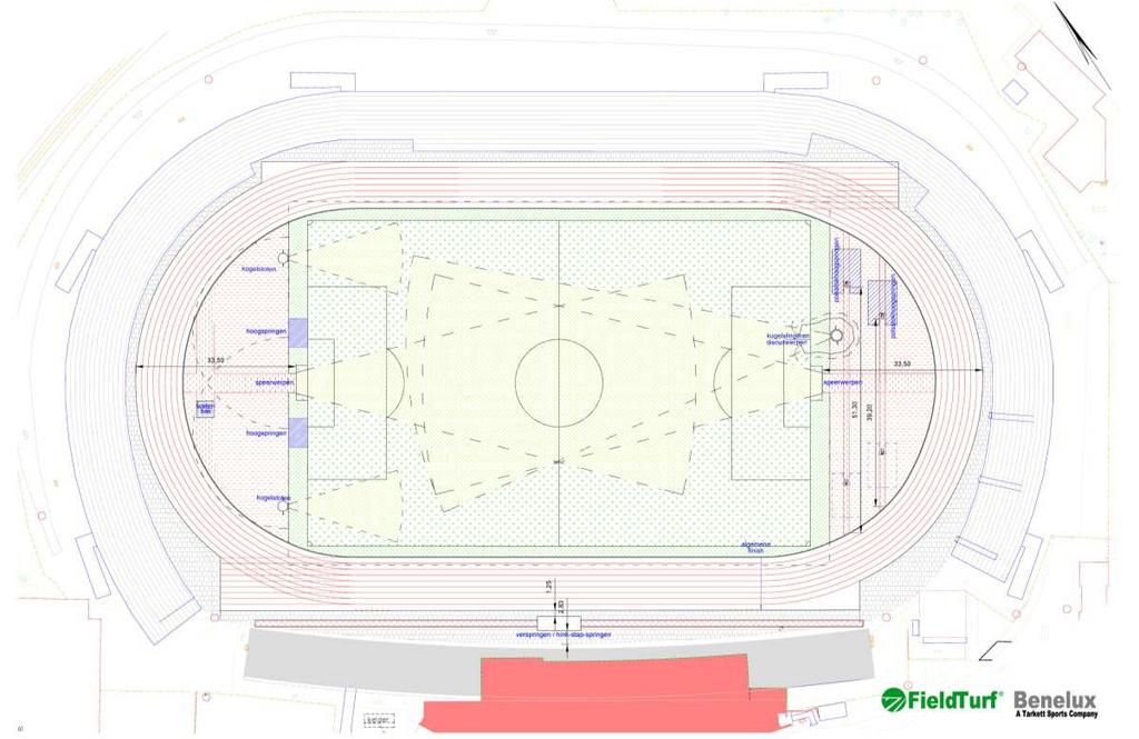 2.3.2 Visualisatie Op Afbeelding 7 staan de nieuwe technische nummers van de atletiek duidelijk afgebeeld. Het verspring en hink- stap- spring element is verplaatst naar de zuidzijde van het stadion.