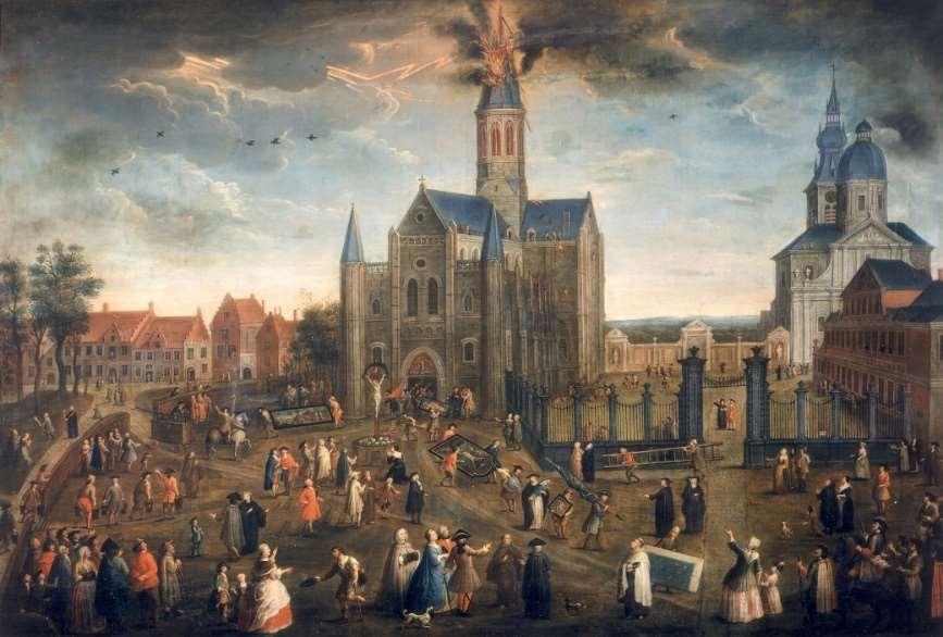 Torenbrand in de voormalige O.-L.-Vrouwkerk schilderij in permanent bruikleen bij Kunstencentrum Sint-Pietersadij/Gent schilder Van Doorsselaer, Jan datum 1726-1750 O.-L.-Vrouwkerk (naast St.