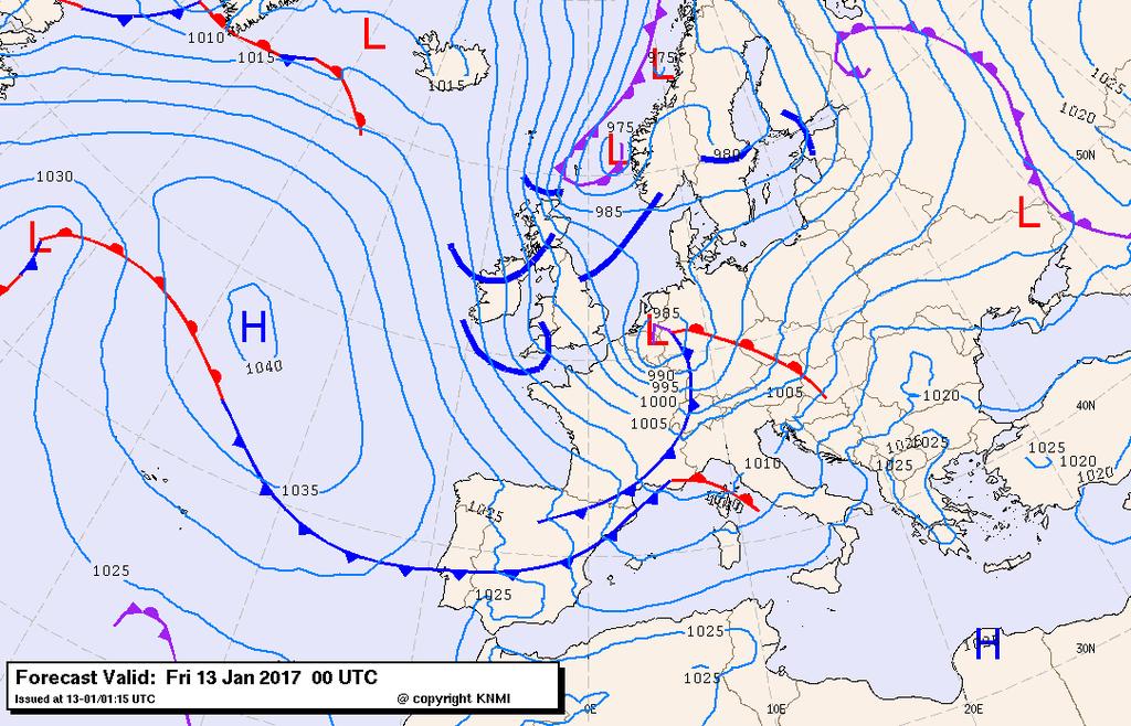 1.2 Chronologisch overzicht van de weersgesteldheid (samengesteld door het KNMI) Een klein lagedrukgebied, afkomstig van de Atlantische Oceaan, ligt aan het begin van donderdag 13 januari net ten