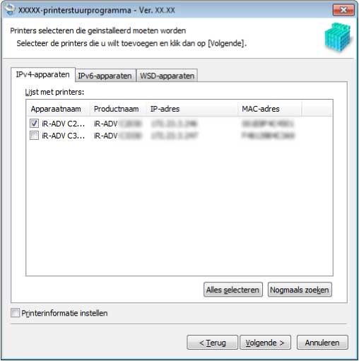Installeren met het installatieprogramma 6 Als u de apparaatnaam wilt wijzigen of wilt instellen als standaardapparaat, selecteer [Printerinformatie