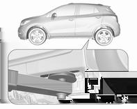 202 Verzorging van de auto Krikpositie voor liftplatform De positie van de achterste arm van het hefplatform centraal onder de uitsparing van de dorpel.