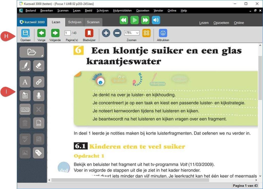 5. Linten en werkbalken Elk tabblad (behalve het tabblad Kurzweil 3000) bevat bovenaan een lint (H) en aan de linkerkant een werkbalk met knoppen (I): De linten van Kurzweil 3000 verschijnen